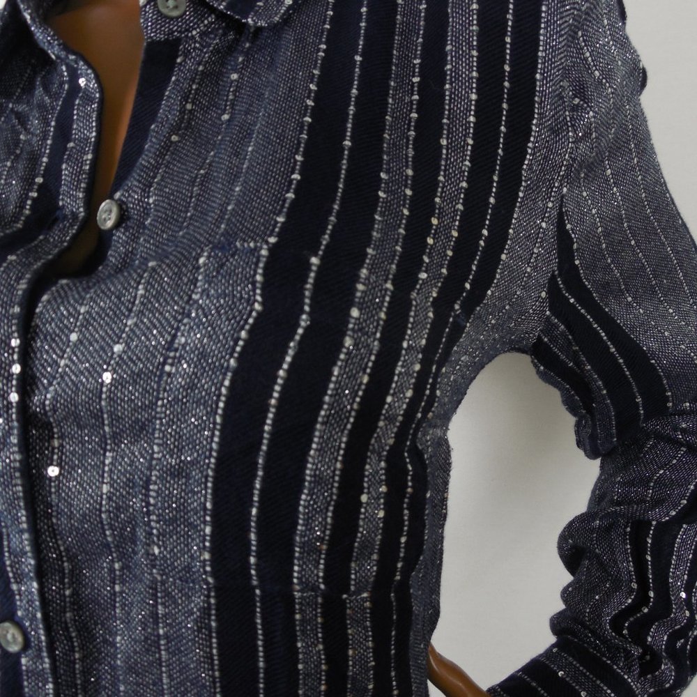 STYLE & CO Top L Navy Blue Striped Button Down Blouse Sequin Detail Party Shirt - Picture 7 of 13